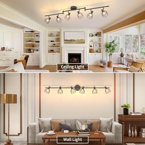 Dehobo Spot Light Fittings for Ceilings Adjustable Metal Wire Cage Kitchen Spotlight with E14 Base Black 6 Way Ceiling Light Industrial for Bedroom Bar Hallway Living Room No Bulb
