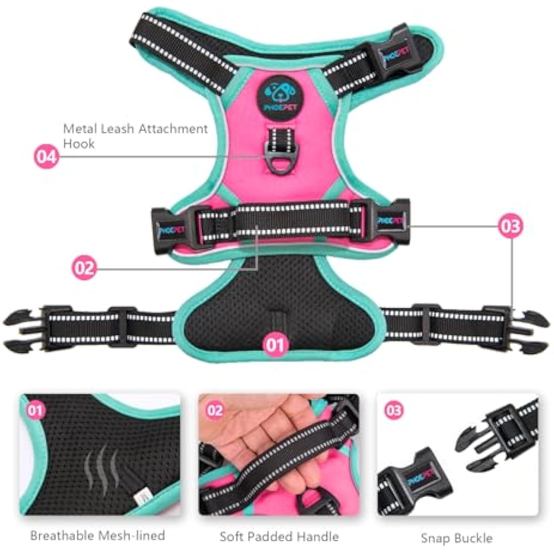 PHOEPET Upgraded No Pull Dog Harness, Reflective Adjustable Vest, with a Training Handle + 2 Metal Leash Hooks+ 3 Snap Buckles +4 Slide Buckles(S, Pink)