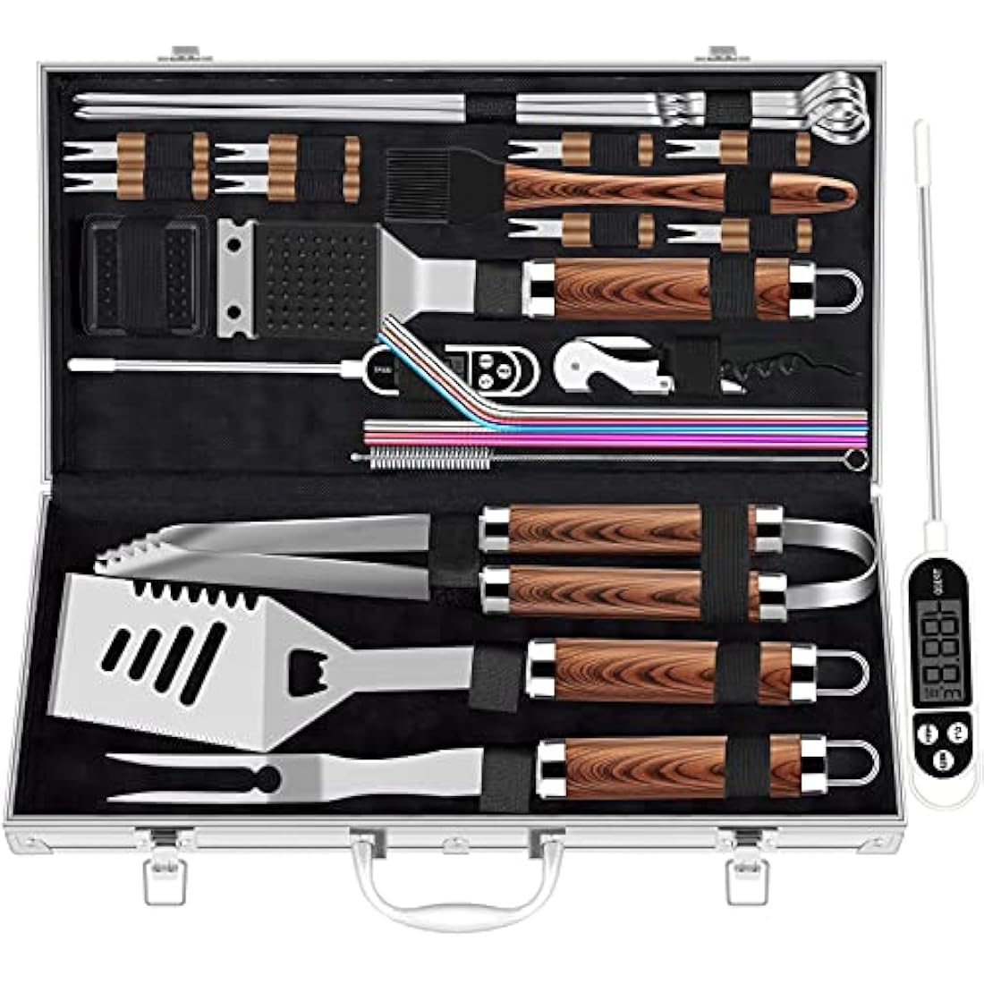 ROMANTICIST 26pcs Extra Thick Stainless Steel Grill Tool Set for Men, Heavy Duty Grilling Accessory Kit for Backyard, BBQ Utensils Gift Set with Meat Thermometer in Aluminum Case for Birthday Brown