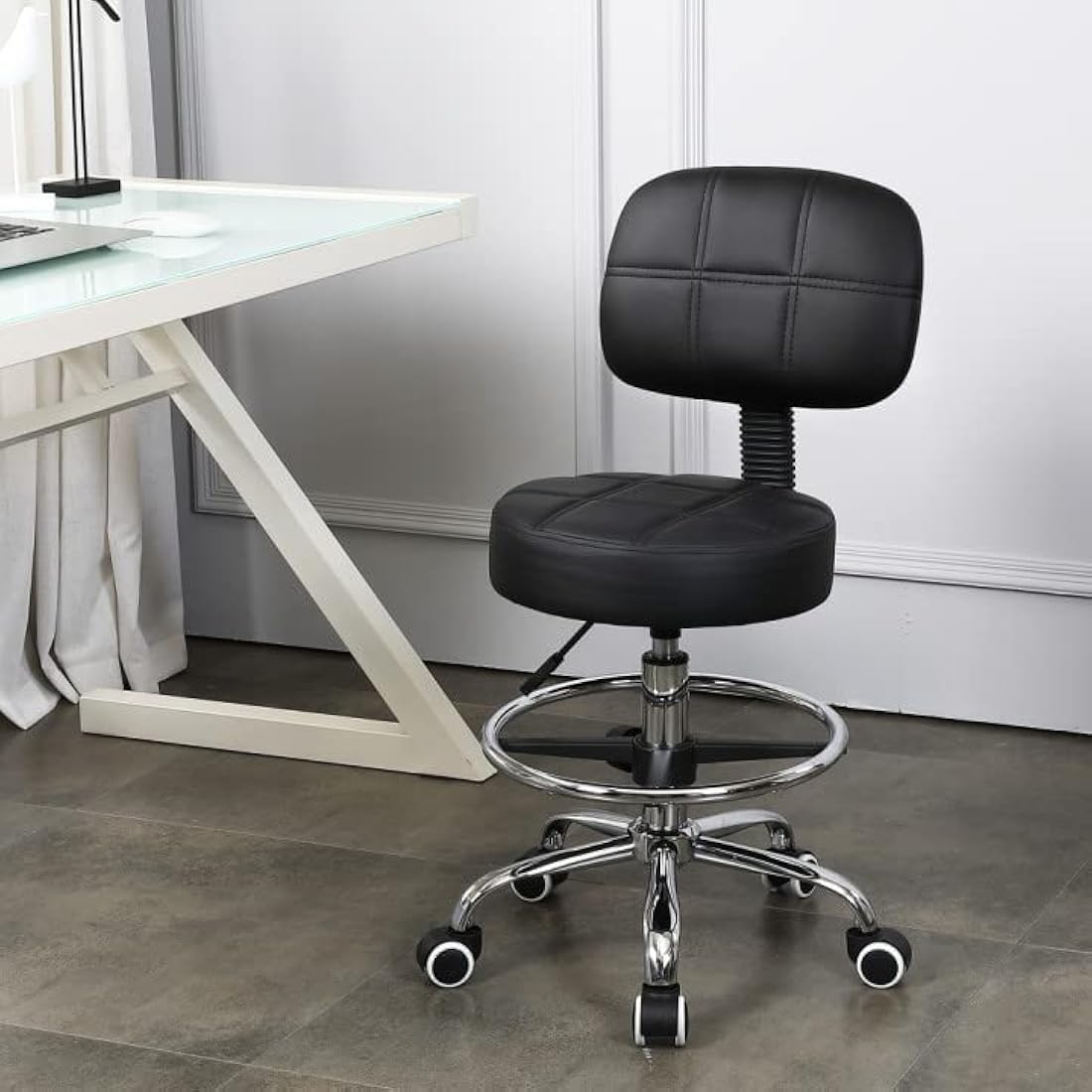 KKTONER Swivel Round Rolling Stool PU Leather with Adjustable Foot Rest, Height Adjustable Task Work Drafting Chair with Back (Black)