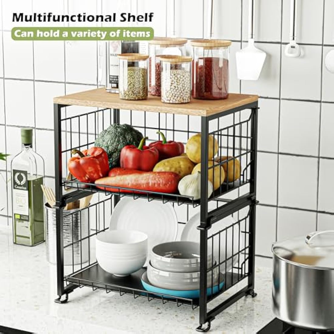 UMDONX Fruit Rack,Kitchen Countertop Wire Storage Basket,Vegetable Rack,Fruit and Veg Storage 2 Layers (Black)