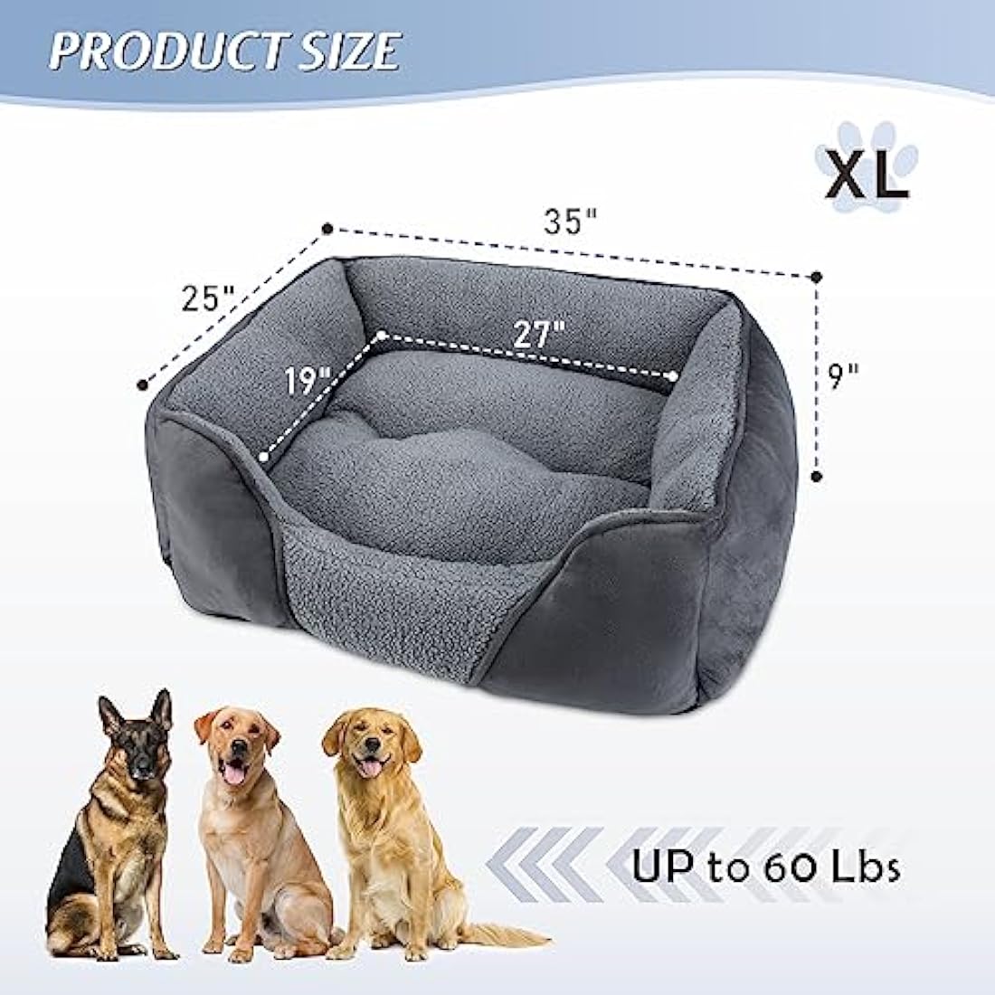 MIXJOY Dog Bed Extra Large Pet Bed, Grey Orthopedic Washable XL Dog Bed with Anti-Slip Bottom, Calming Cat Bed for Labrador, German Shepherd, Golden Retriever, 89×64×23 cm