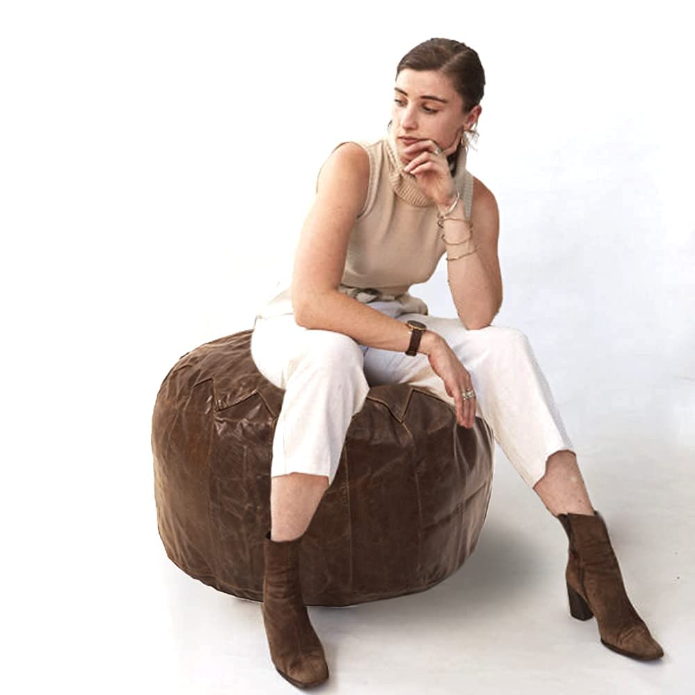 Woodland Leather Tan Morrocon Style Pouffe 17.5" Diam, Genuine Leather Designer Bean Bag Chair (Stuffed-1Piece, Brown)