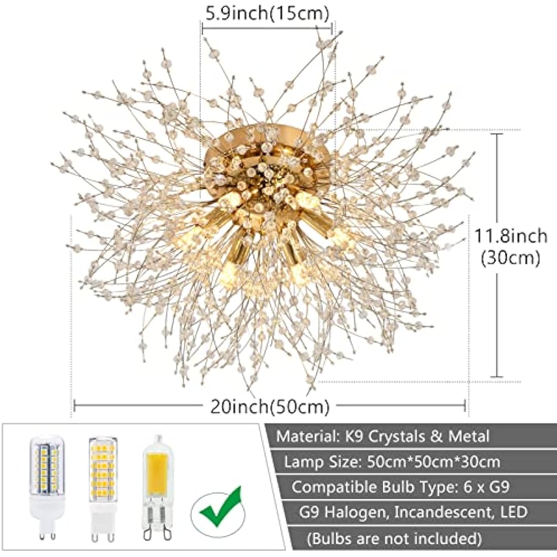 Rayofly Modern Crystal Chandeliers Ceiling Light, Fireworks Chandelider, Gold K9 Crystals Ceiling Lights, Flush Mount Lighting, 6 G9 LED, Golden Lamps for Living Room, Bedroom, Dining Room, Hallway