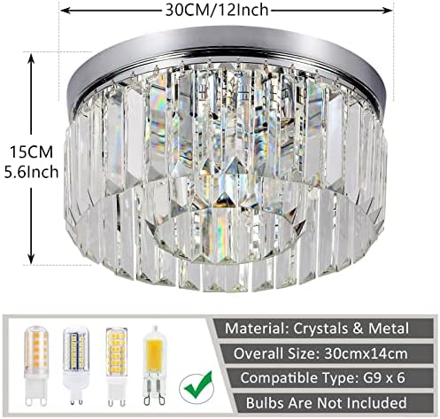 Rayofly Modern Crystal Chandeliers Ceiling Lights, 2-Tiers Crystal Flush Ceiling Lights, Chrome, 6-Lights G9, Elegant Glass Crystal Chandelier Lamps for Living Room, Hall, Bathroom, Bedroom, Foyer