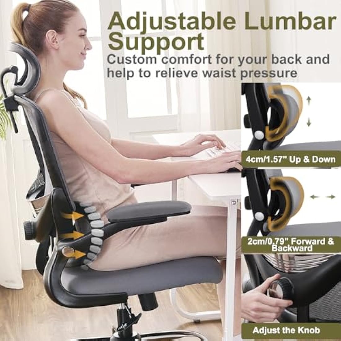 TONFARY Ergonomic Office Chair - High Back Mesh Design with Adjustable Lumbar Support, Flip-Up Armrests, Removable Headrest & 360° Swivel - Space-Saving for Home, Work, or Gaming - Black + Grey