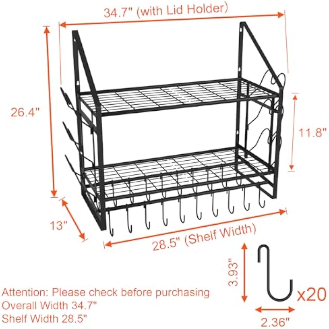 VyGrow 35 Inch Pot Rack Wall Mounted, 2 Tier Pots and Pans Organizer with 20 Hooks and 6 Pot Lid Holders, Heavy Duty Steel Pot and Pan Hanger for Kitchen Cookware Utensils Storage 34.7" Lx13 Wx26.4 H
