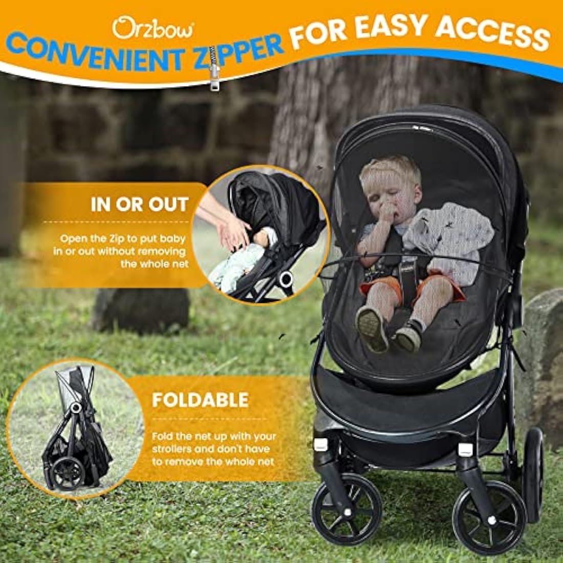 Orzbow Universal Mosquito Net for Pram, Breathable Pram Sun Shade w/UPF 50+, Pram Mosquito Net w/Blackout Cover, Two Way Zipper for Easy Access (Black)