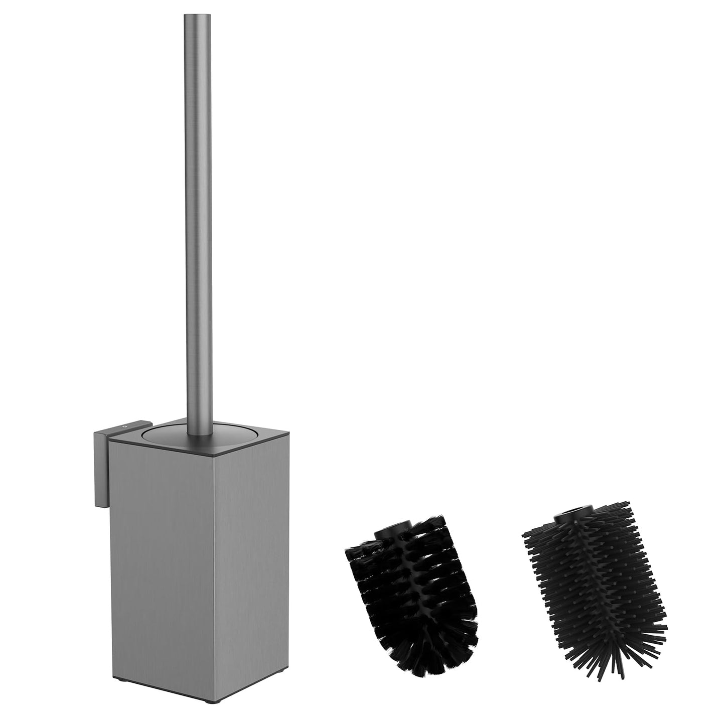 Mozmmhi Toilet Brush Made of 304 Stainless Steel, Toilet Brush Set with Wall Mounting and Brush Holder - Includes 2 Brush Heads (Square Gray)