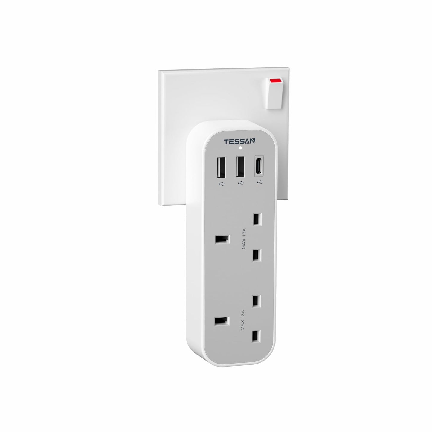 TESSAN Double Plug Adaptor UK with 3 USB, 2 Way MultiPlug Extension Adapter, 13A UK 3 Pin Wall Charger Sockets Power Extender for Home, Kitchen,