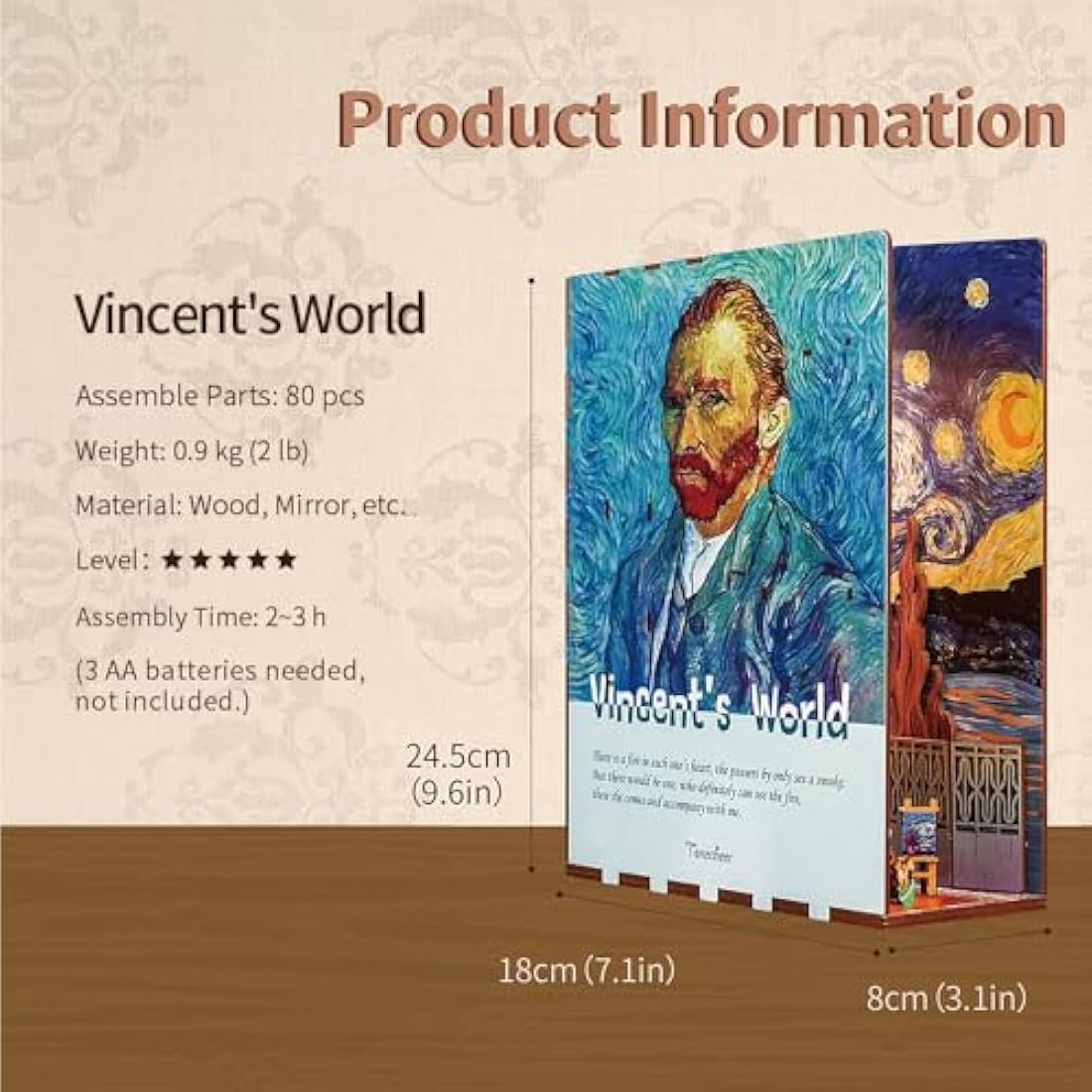 Tonecheer DIY Book Nook Kit Wooden Model Kit 3D Puzzle for Adults to Build Miniature House Craft Kit Booknooks Kits with Light Book Shelf Decor Christmas Birthday Gifts(Vincent's World)