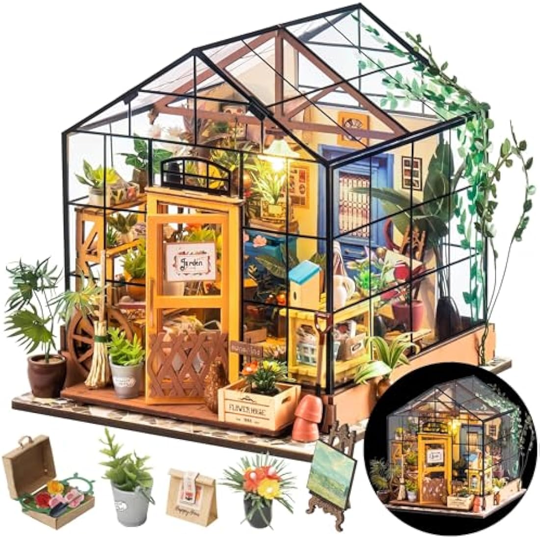 ROWOOD Doll House Kit Greenhouse, DIY Miniature Room with LED light, Wooden Model Building Kit for Adults, Cathy's Flower House for Christmas
