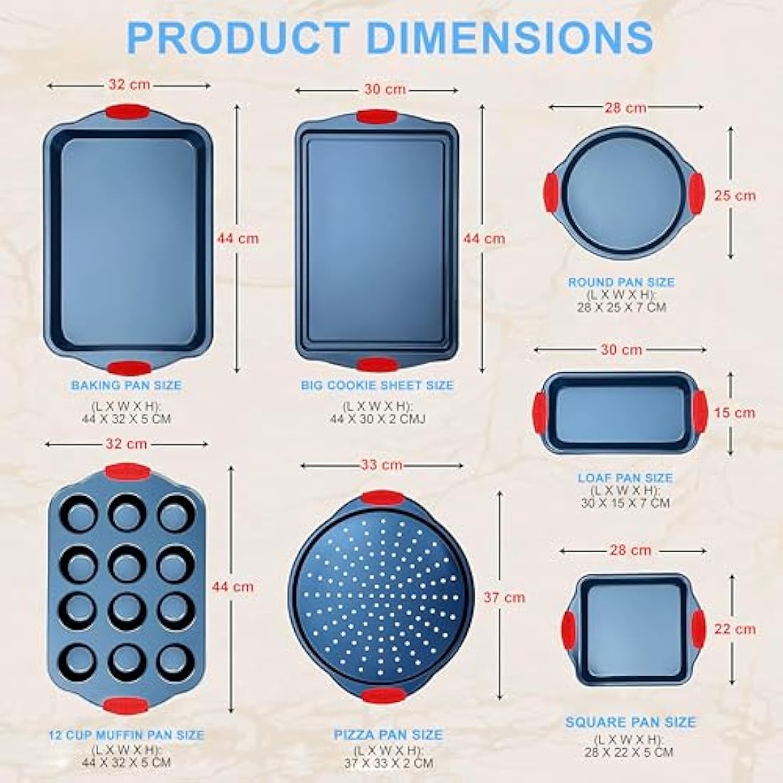 NutriChef Baking Tray Set, Oven Bakeware Trays, 8 Piece Non-Stick Oven Safe - Baking Sets, Includes: Cookie Sheets Pan, Loaf Pan, Pizza Pan, Muffin Tins, Cake Tin, Blue w/ Red Silicone Handles