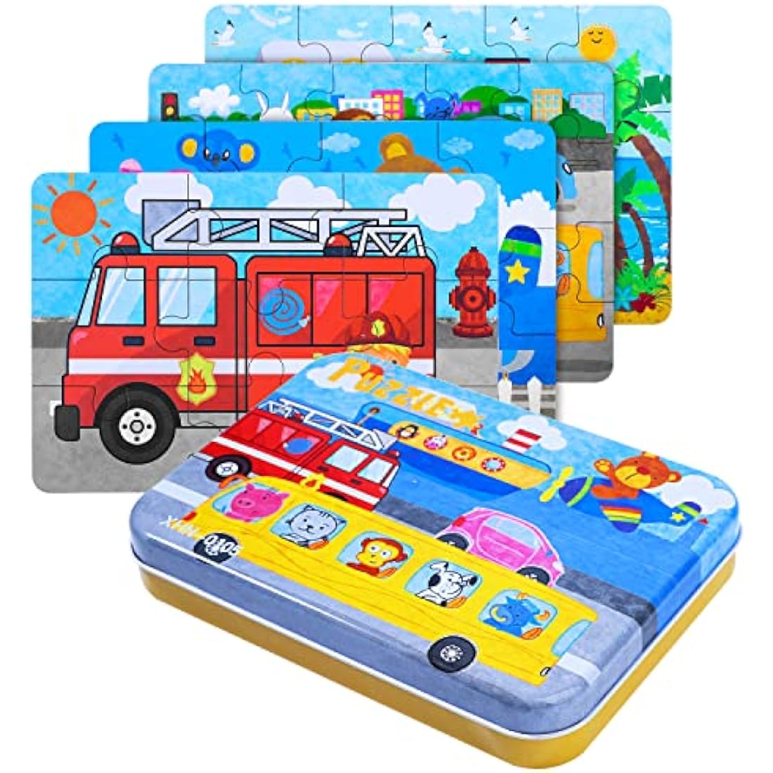 BBLIKE Puzzles Jigsaws for 2 3 4 Year Old - Pack of 4 Puzzles Toy in a Box for Age 2-5, Travel Games for on Plane Educational Learning Birthday Gift Present for Children Boys Girls (Transportation)