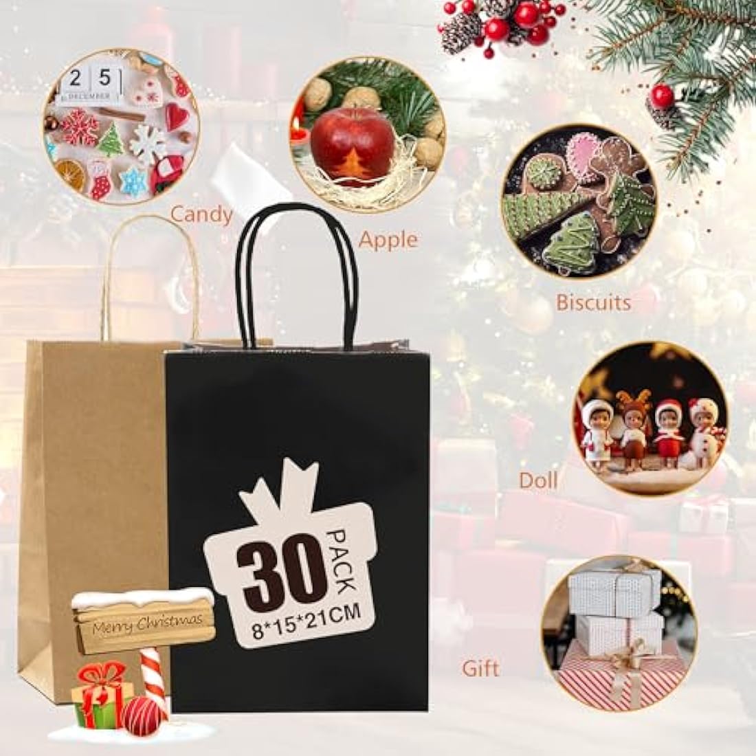 GIFTSAY 30pc Brown Paper Bags with Handles - 15x8x21cm Small Gift Bags for Wedding, Party Favors, Grocery, Retail & Birthday