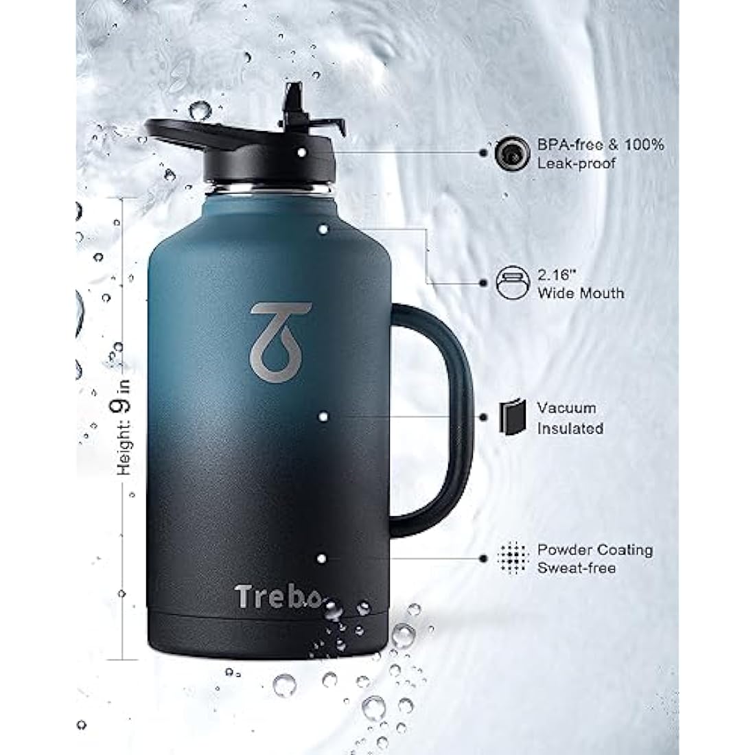 Trebo Insulated Water Bottle 2L, Metal Bottle with Handle Stainless Steel Metal Large Jug Travel Flask with Straw Spout Lid Mug Tumbler Cup with Carry Pouch Keep Cold Hot, Indigo Black