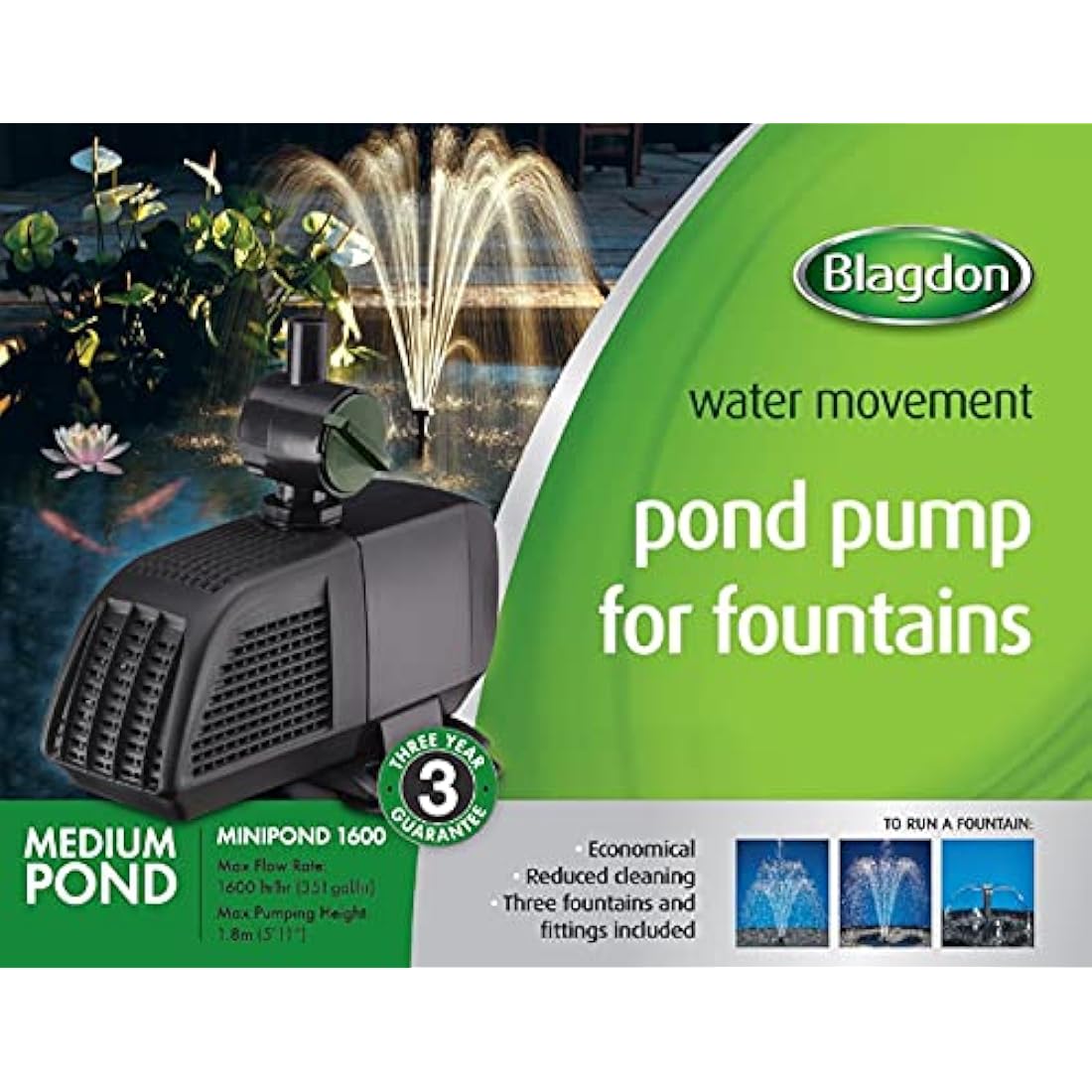Blagdon Minipond Pond Pump 1600 (to Run Fountains for Medium Ponds up to 3582 Litre), 3 Fountain Heads, Black