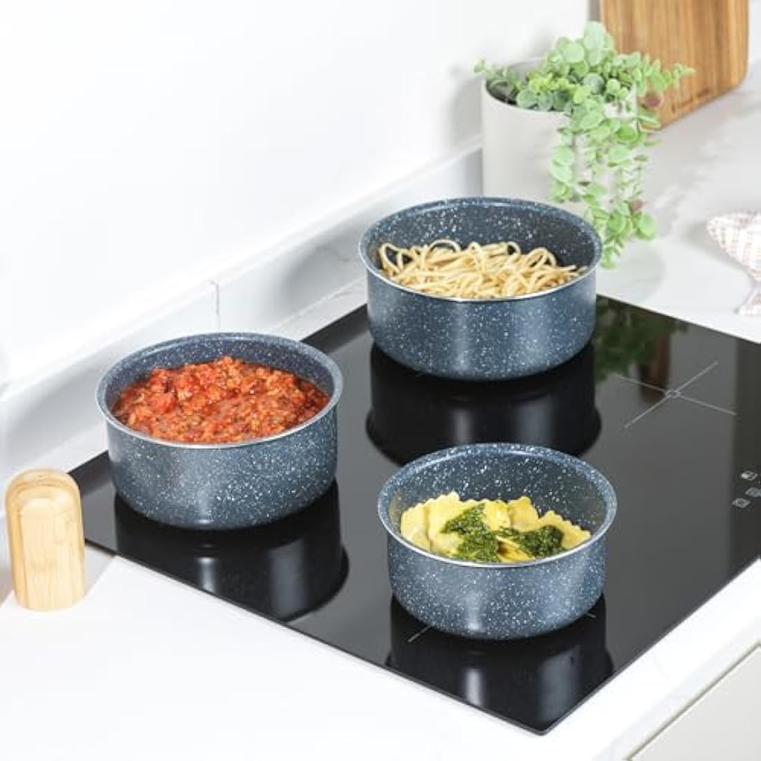 Russell Hobbs Nightfall Stone Saucepan Set – Smart Clip Non-Stick Pans, 16cm, 18cm, 20cm, Stay Cool Detachable Handle, Oven to Hob to Table Cooking, Space Saving Stackable Cookware, RH03294EU7