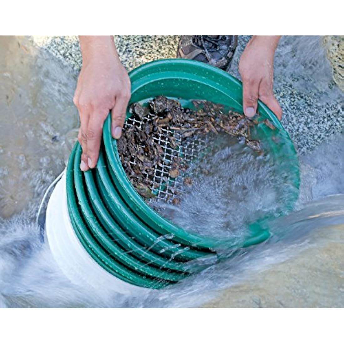 SE 13 1/4 Inch Stackable Classifier Gold Prospecting Pan Set - Includes 1/2" 1/4" 1/8" 1/12" and 1/20" Stainless Steel Mesh Sifting Pans, Green, 5 Pack