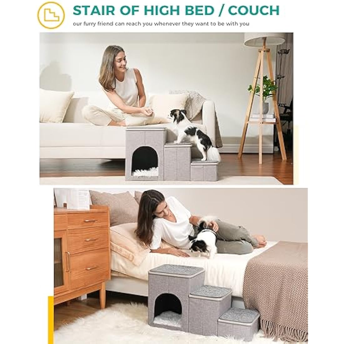 PETEPELA Dog Steps for Bed, 3 Steps for Dog Step for Sofa with Storage for Small Dogs for Bed, Foldable Pet Stairs for Couch and High Bed Hold up to 30KG, Wood Grey