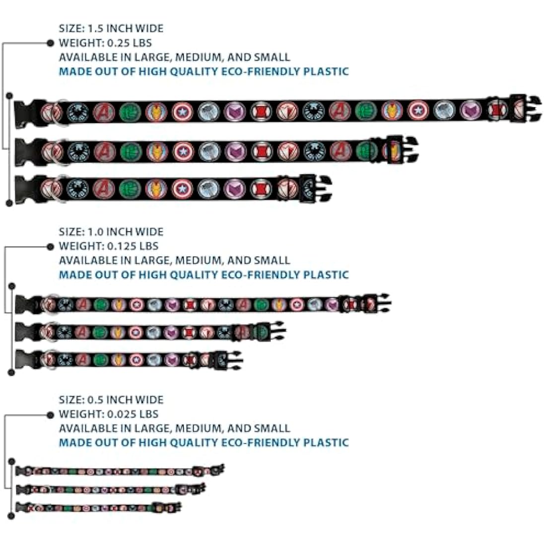 Buckle-Down 9Avenger Icons Black/Multi Color Marvel Avengers Plastic Clip Collar, Wide Large/18-32"