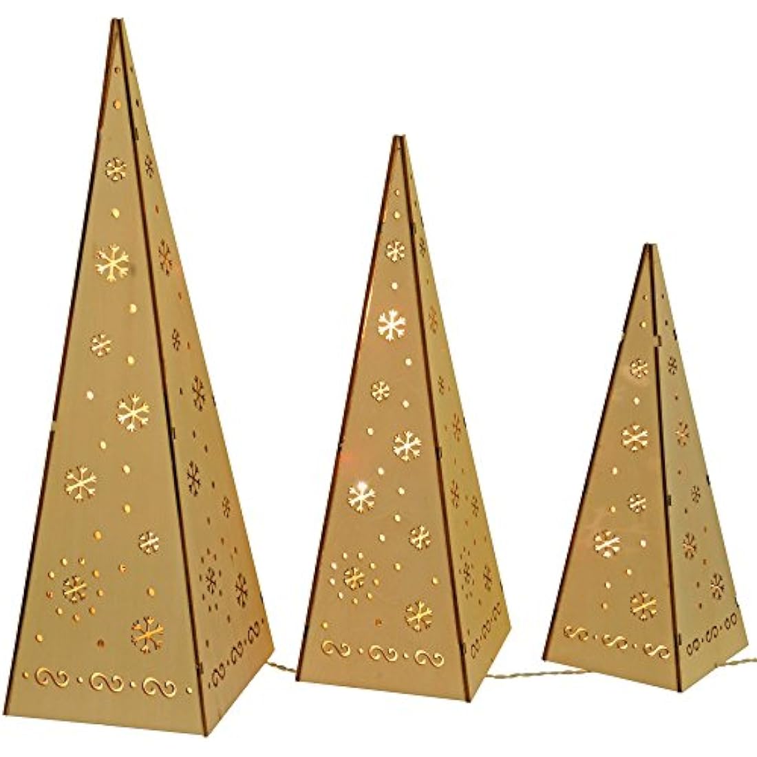 WeRChristmas Wooden Pyramid Christmas Trees with Warm White LED Lights Decoration - Multi-Colour, Set of 3