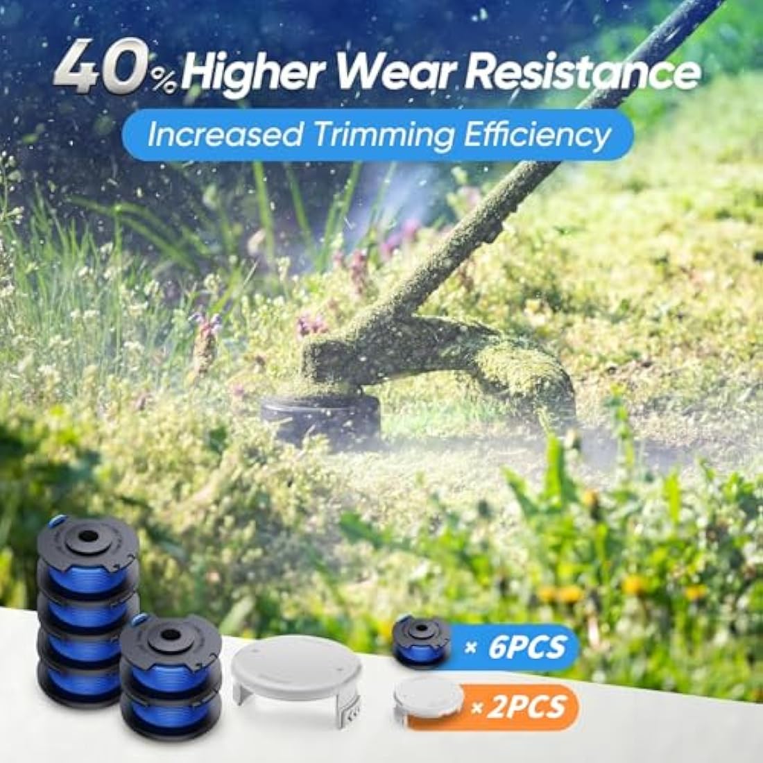 LATERN 6Pcs Ryobi Trimmer String Spools (AC14RL3A) with 2Pcs Spool Caps, 21m Autofeed Strimmer Trimmer Replacement Reflex String Compatible for Ryobi 18V 24V 40V Cordless Trimmer