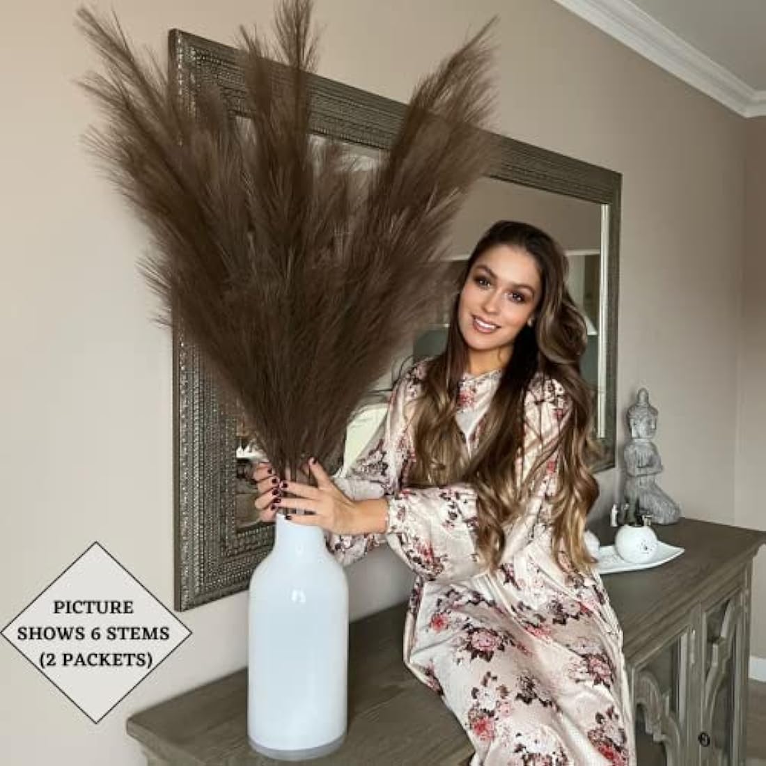 VOULUX Extra Large Tall Dark Brown Fake Faux Artificial Pampas Grass Large Fluffy x3 115cm Stems x18 Decorative Artificial Flora Feathers For Floor Vases Tall Plant Flowers Long Pampas Grass