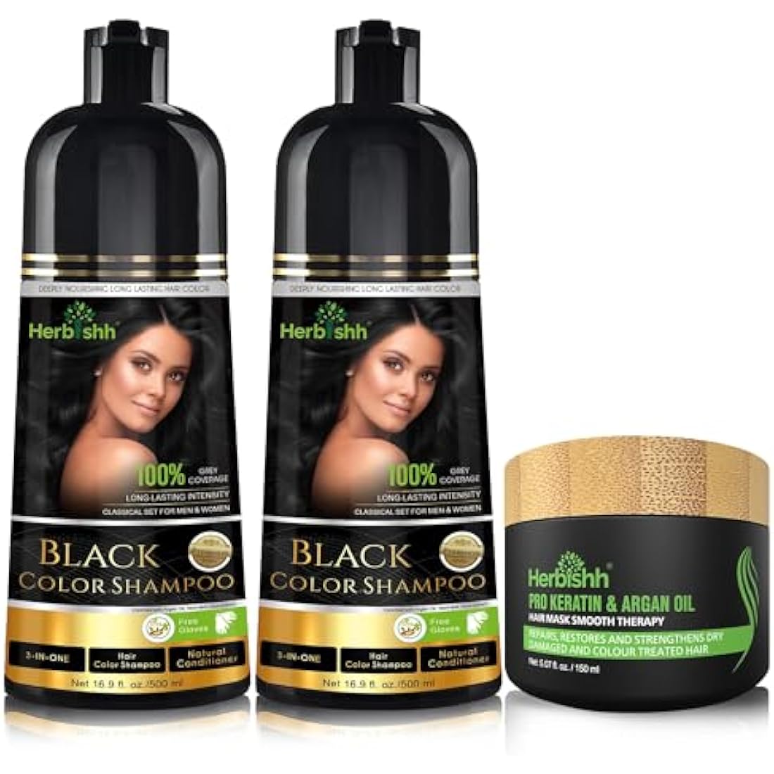 Combo Pack-2pcs Herbishh Hair Color Shampoo for Gray Hair+ 1pc Argan Intense Hair Mask- Hair Dye Shampoo – Colors Hair in Minutes – Long-lasting color– 500 Ml –Stimulates Dry Frizzy Hair (Black)