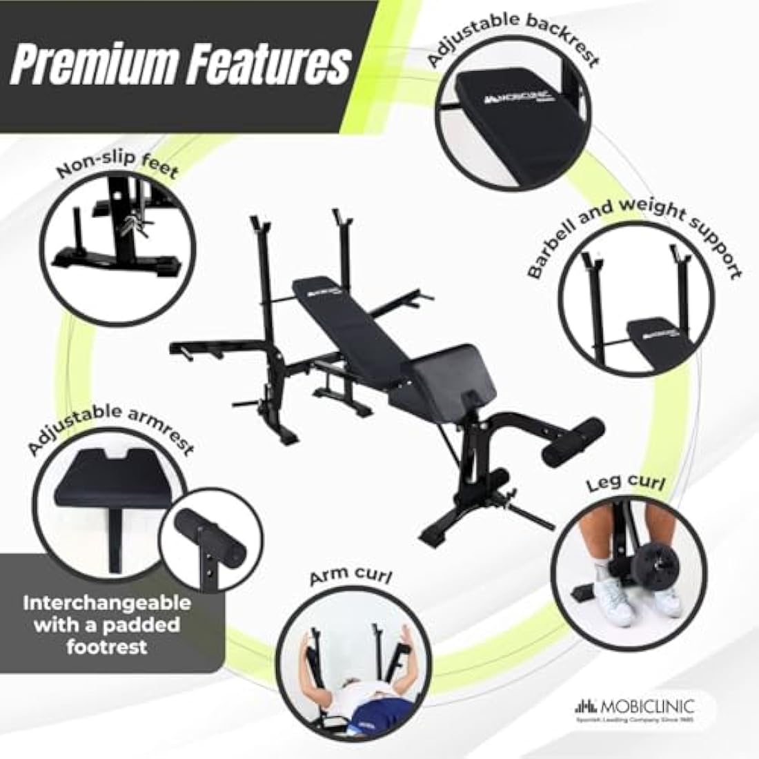 Mobiclinic® Fitness Gym Bench Multi-Function Pressfit, Adjustable, Foldable, Steel, Supports Up to 250 kg, Bar Support, Ideal for Strength Exercises at Home