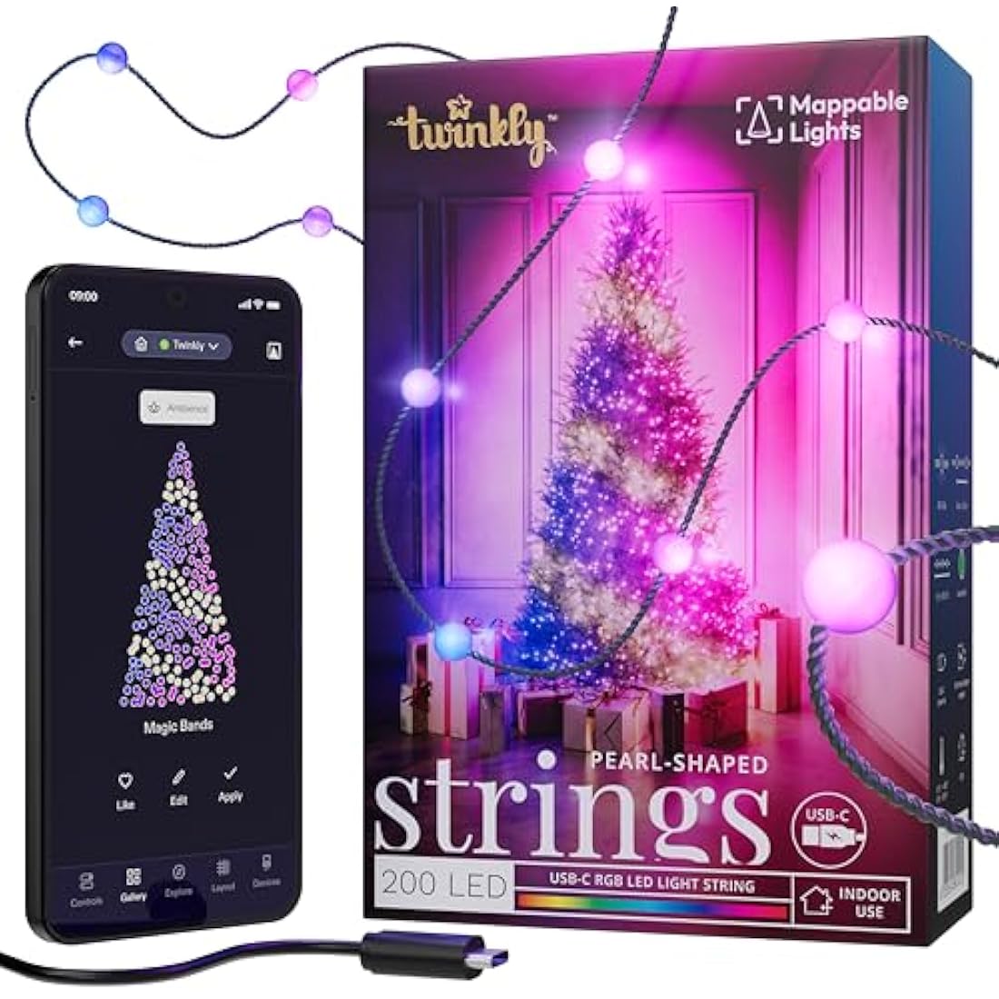 Twinkly Strings USB-C Pearls 200 LED, Pearl Shaped LED Light String, Christmas Lights, RGB Multicolor LED Lights, Mappable LEDs, Compatible with Alexa, Google Home, USB-C Power, Green Wire, 12m