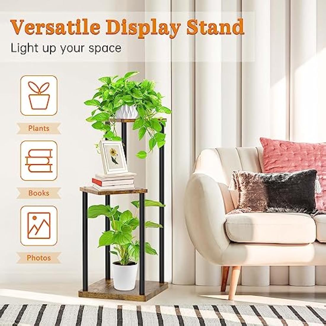 LyTaispuly 3 Tier Plant Stands Indoor Outdoor, Metal Wood Tiered Corner Plant Stand Pot Holder, Wood Flower Shelf Display Rack for Living Room Bedroom Balcony Garden Patio, Black