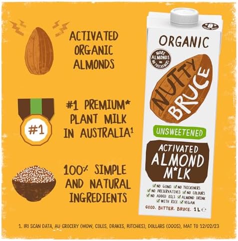 Nutty Bruce - Unsweetened Activated Almond Milk - Certified Organic & Vegan Alternative Milk, No Preservatives, Colours or Added Oils, Lactose Free, Dairy Free, Soy Free - 6 pack x 1L