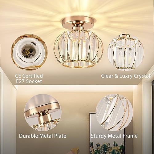 ZYDTRIP Crystals Ceiling Light Fixtures Chandelier, Small Semi Flush Mount Ceiling Light Fitting for Hallway Entrance Kitchen Bedroom Dining Rooms Living Rooms Bar (2 Pack Gold)
