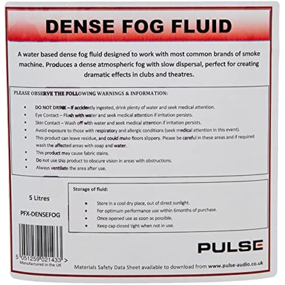 Dense Fog Fluid 5 Litre Dense Atmospheric Fog Effect
