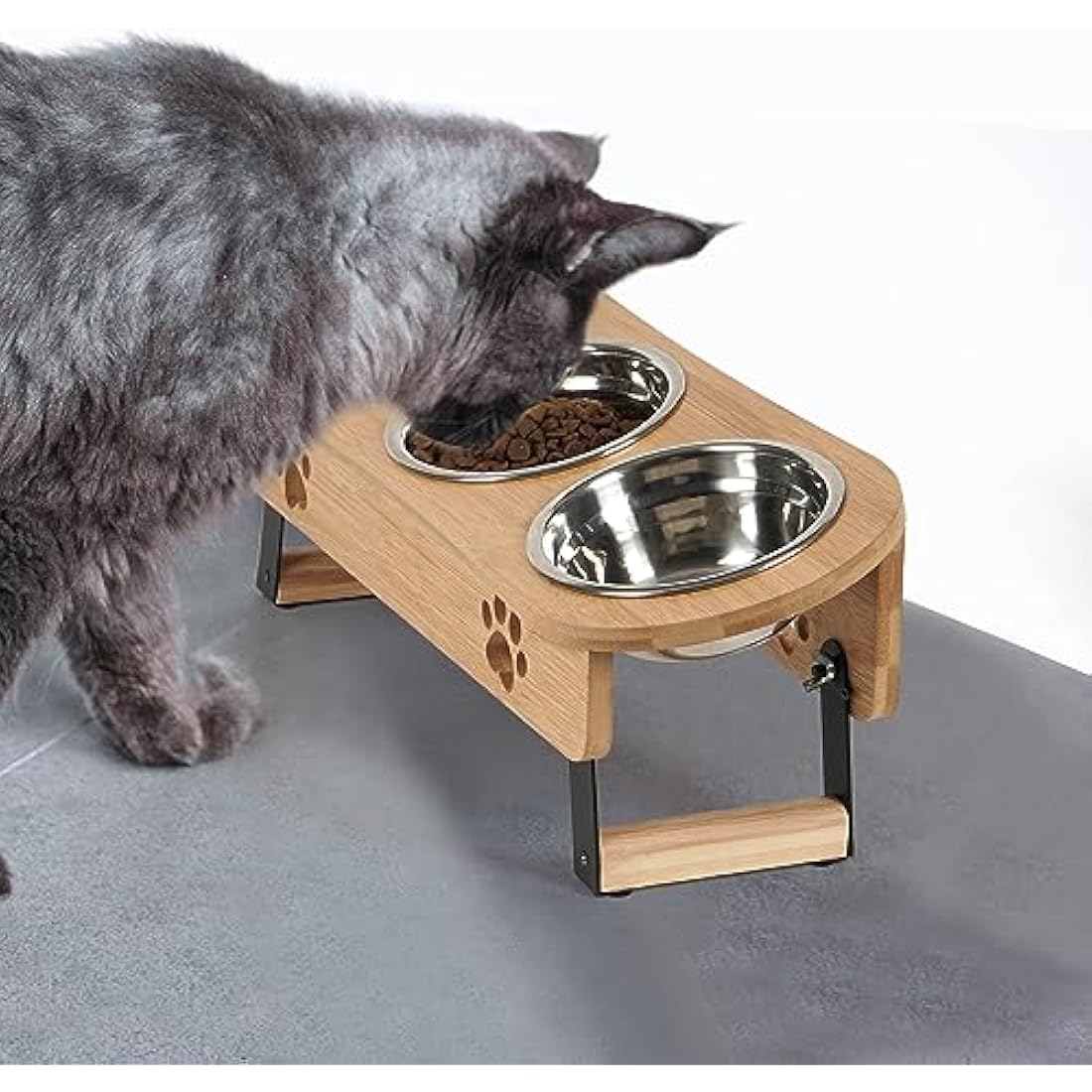 GHIAKQYT Raised Feeding Bowls - Cat Feeding Station 3 Bowls Raised Cat Bowl Height Adjustable Feeding Bowl Feeding Bar with Stand Stainless Steel Bowls for Water Food - Feeding Bowl for Cats (Bamboo
