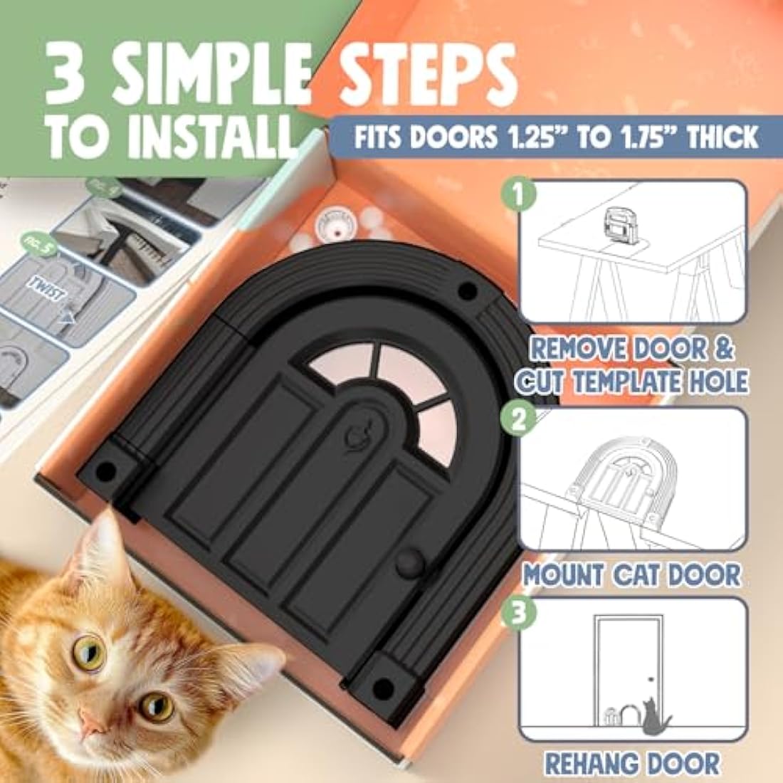 Cat Door for Interior Door - No-Flap Design for Cats Up to 20 lbs, Easy DIY Setup, Secured Installation in Minutes, No Training Needed