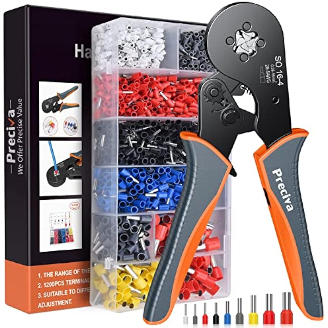 Bootlace Ferrule Crimping Tool, Preciva 0.08-16mm²/AWG 28-5 Ferrule Crimper-Tool with 1200pcs Ferrules, Self-Adjsutable Ratchet Wire Crimping-Tool,Wire Terminal Device Set