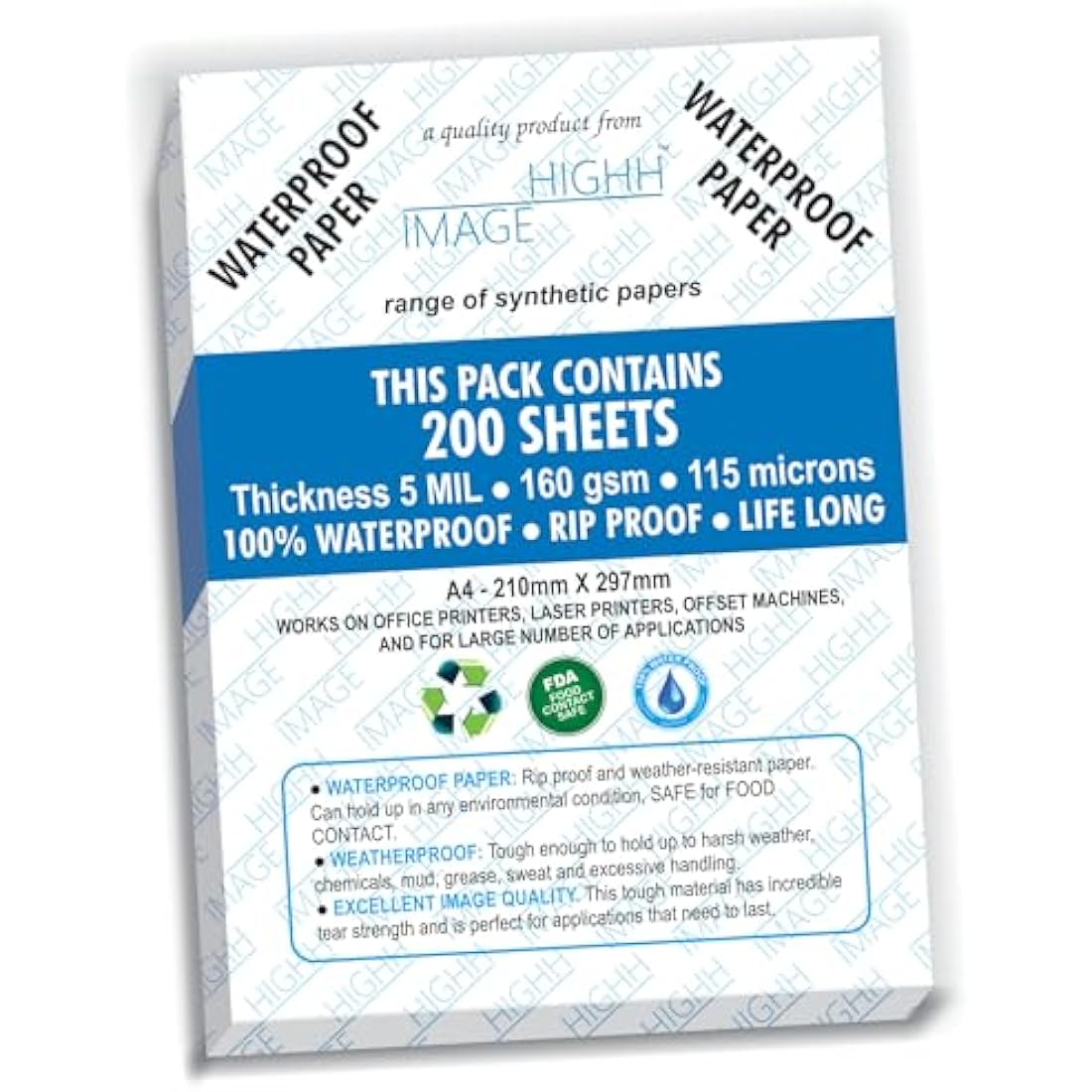 Waterproof Paper | 200 Sheets, A4, 160 GSM Thickness 5 MIL, Synthetic Paper, from HIGHH Image for Laser Printers. This is not for Inkjet Printers