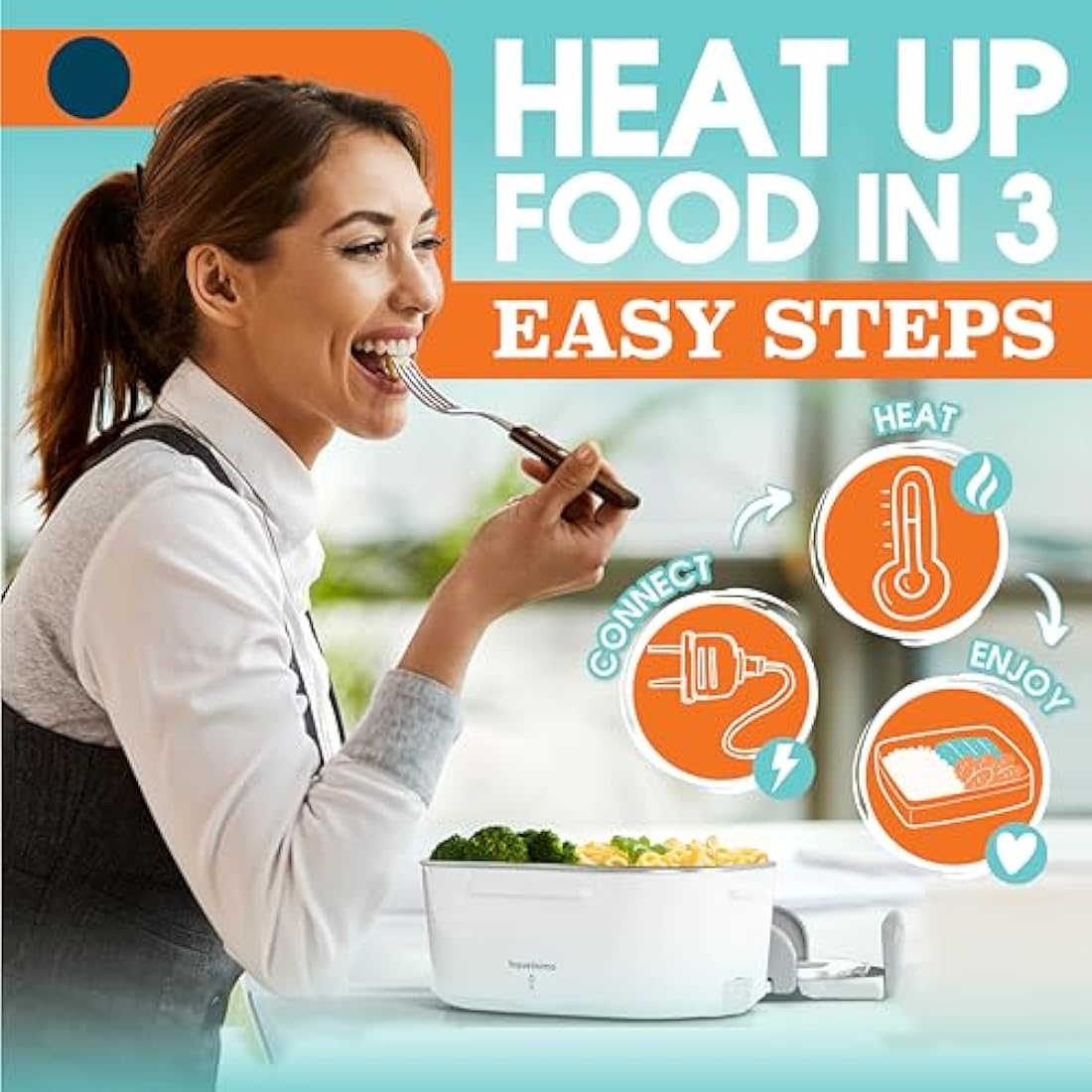 TRAVELISIMO Heated Lunch Box 80W Electric Lunch Box Food Heater 1.5L Portable Food Warmer for Travel & Office, 12V/24V/230V Heated Lunch Boxes for Adults, Stainless Steel Truck & Car Electric Lunchbox