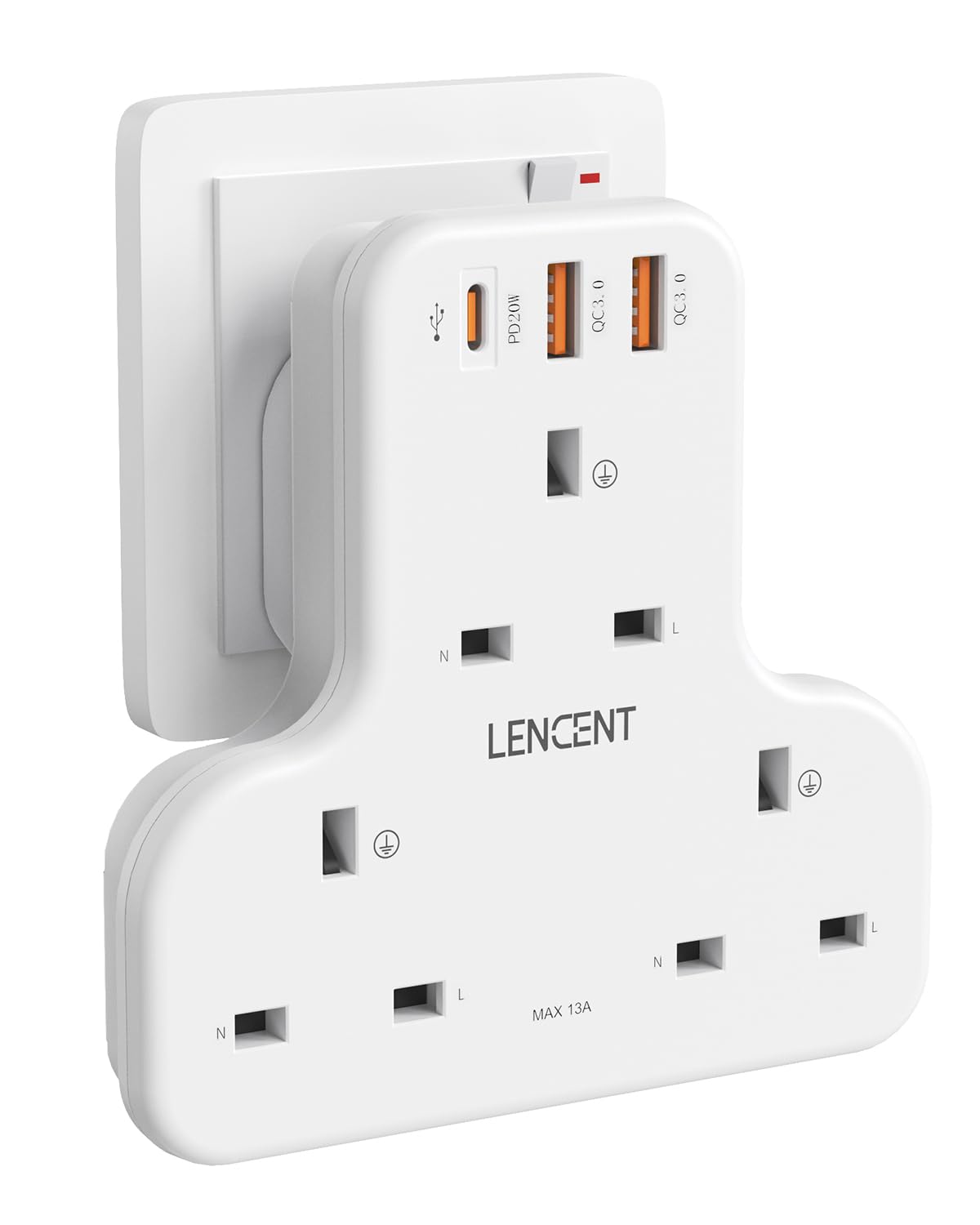 LENCENT 3 Way Plug Adaptor with 3 USB Slots PD&QC 20W, Multi Plug Extension 3 Plugs USB Socket, 6-in-1 Extender Power Adapter UK, Wall Expander for
