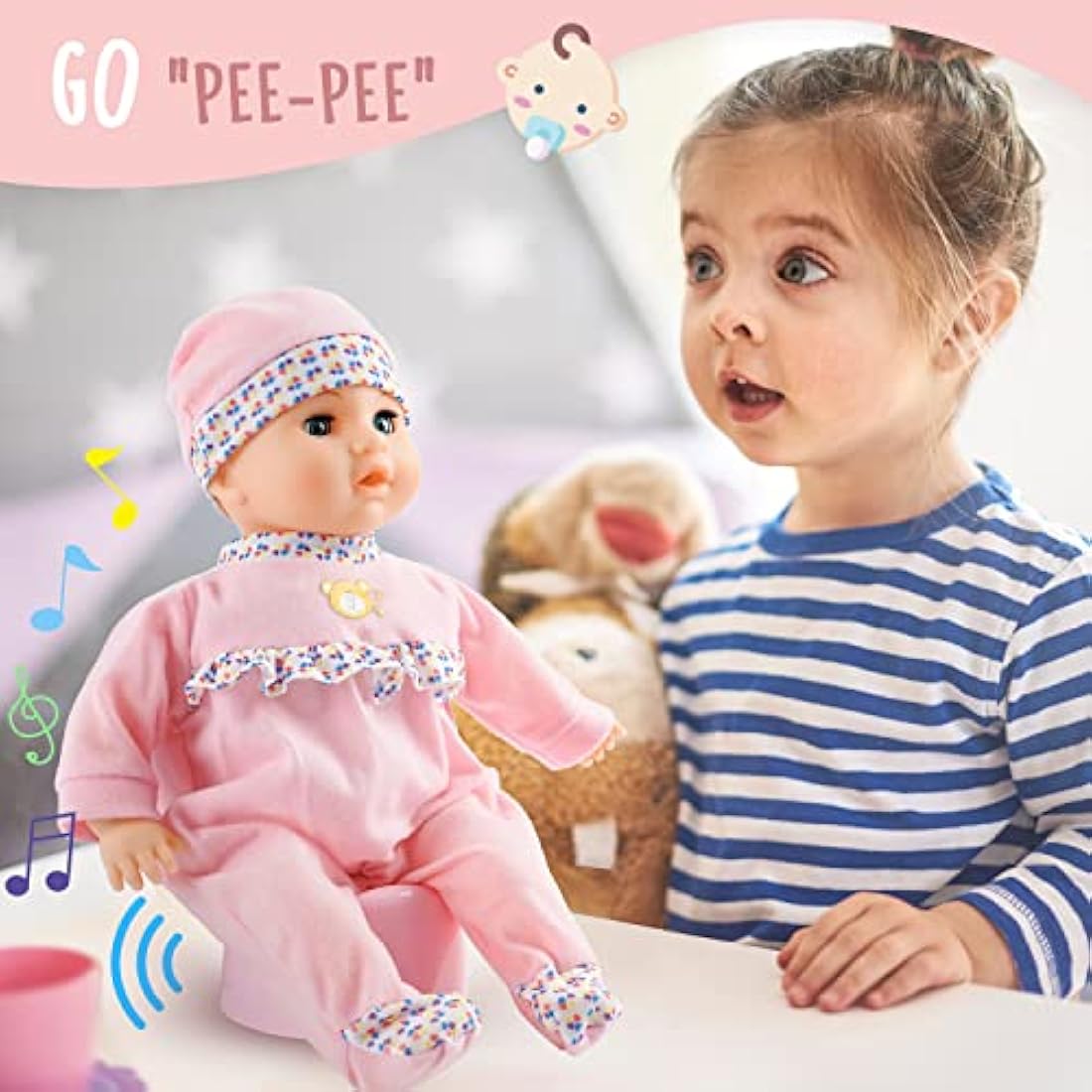 Toy Choi's 16" Baby Doll Pink - Talking Soft Baby Dolls for 2+ Year Old Girls with Different Sound and Funny Feeding Accessories, Preschool Toy Gift for Toddler and Kids