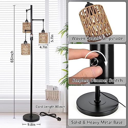 Rayofly Dimmable Rattan Floor Lamp, 3-Lights Boho Lamp with Stepless Dimmer, Industrial Lamps for Living Room, Tall Tree Shades, Farmhouse Standing Bedroom Black-3 Lights