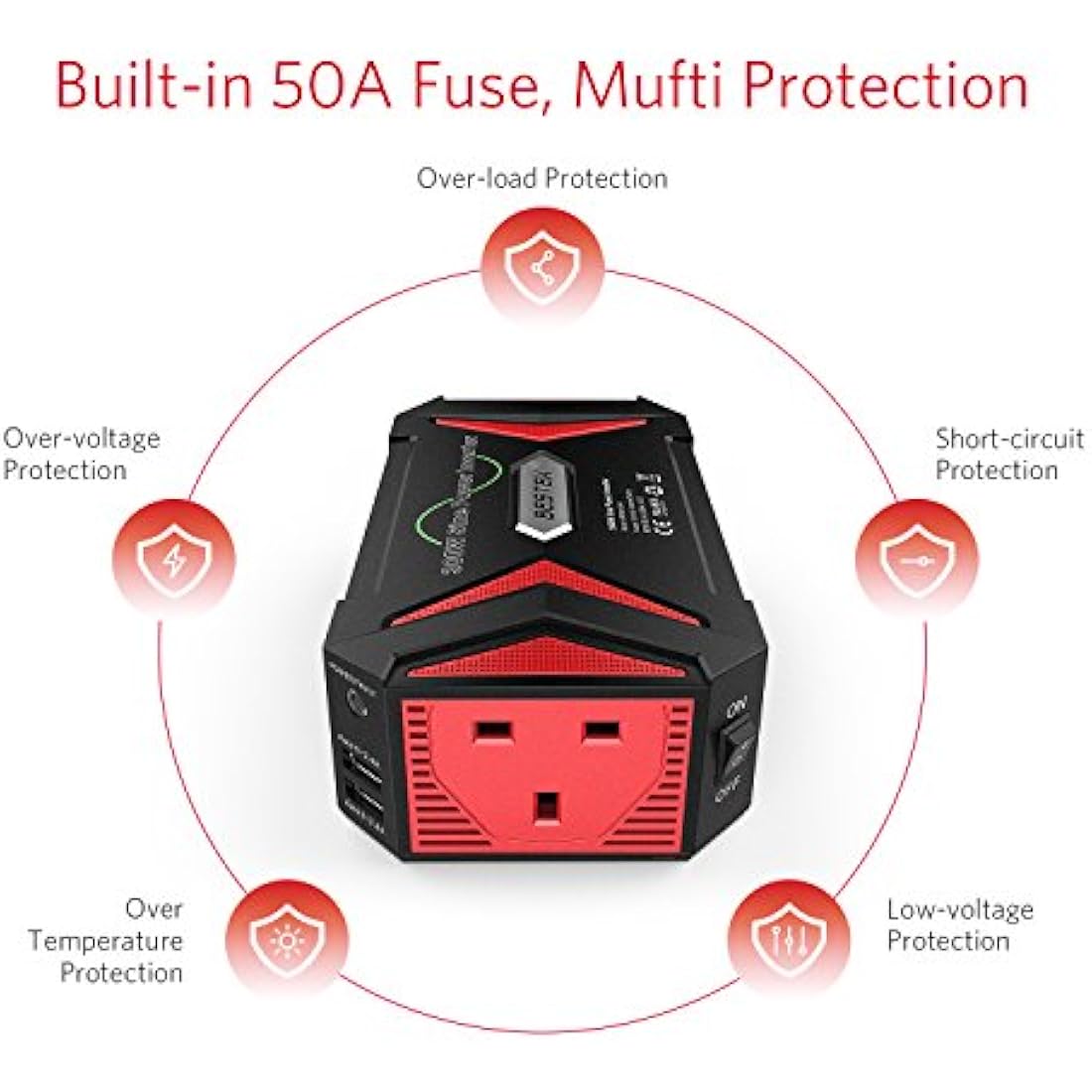 BESTEK 300W Pure Sine Wave Power Inverter 12V to 240V 230V with 4.8A Dual Smart USB Ports Car Adapter Charge Your Laptop iPad iPhone Tablet Consoles & More
