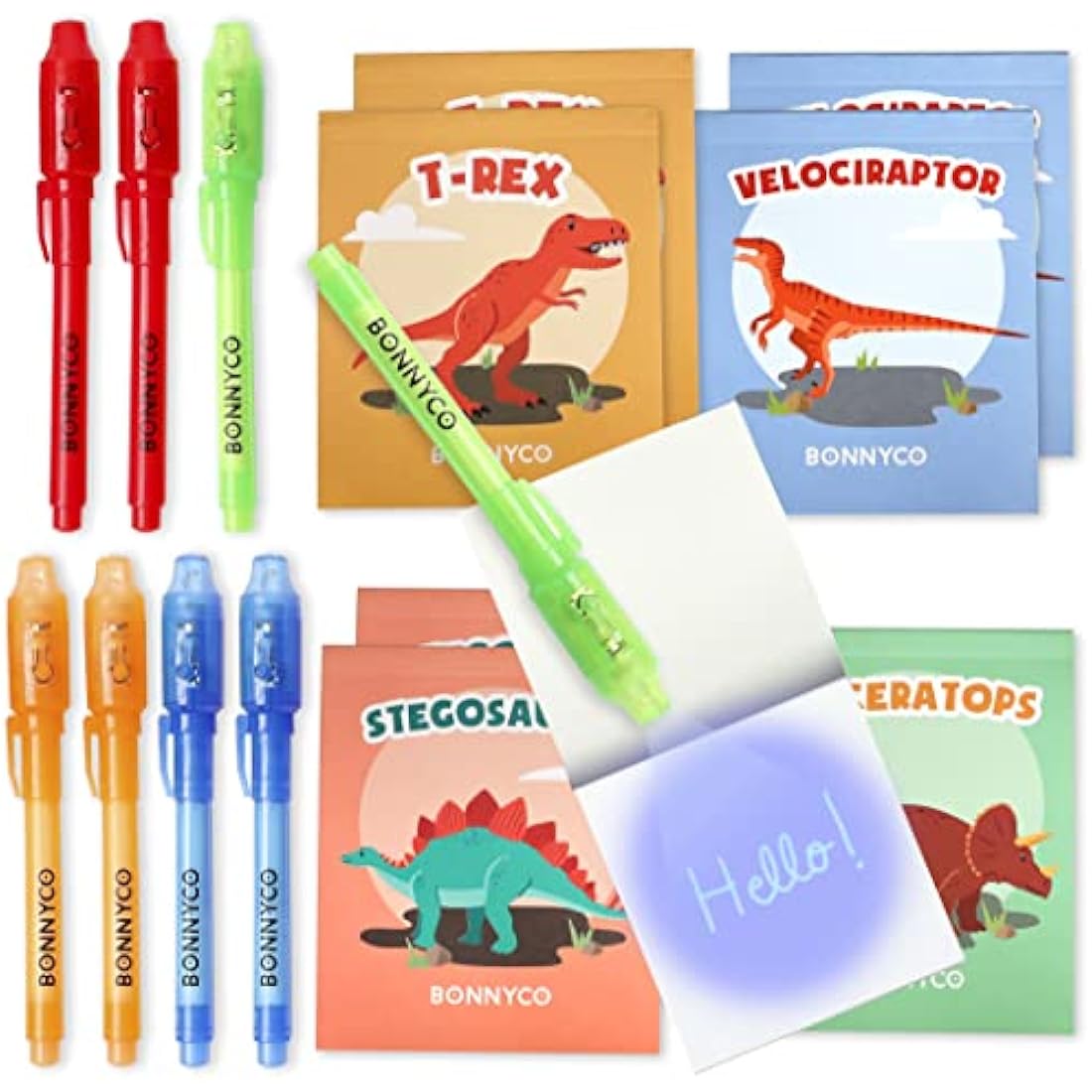 BONNYCO Invisible Ink Pen and Notebook, Pack 8 Dinos Party Bags Filler & Pinata Toys | Dinos Birthday Decorations | Stocking Fillers for Kids Birthday | School Prizes & Gifts for Children