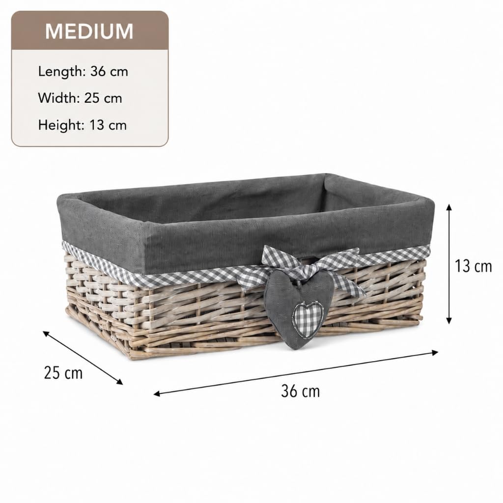 Woodluv Grey Wicker Rectangular Storage Gift Hamper Basket With Removable Lining - Medium