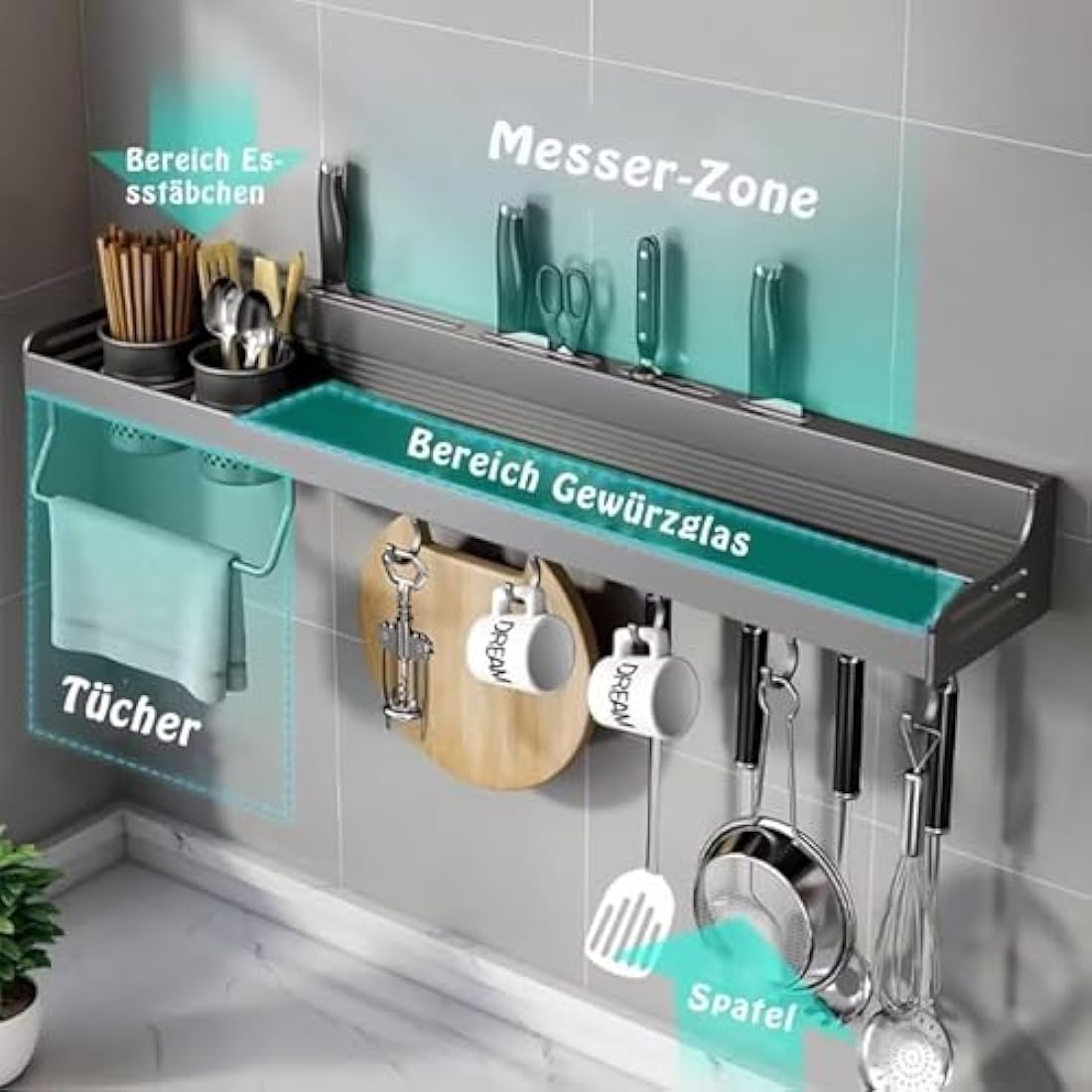 ZOKT Spice Rack - Wall Mounted Kitchen Storage, Grey, 60cm