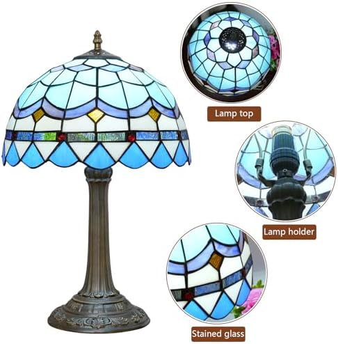 Tiffany Table Lamp Stained Glass Lamp Mediterranean Blue Bedroom Table lamp Reading Desk Light for Bedside Living Room Office Dormitory Dining Room Decorate Housewarming Gift 12X12X18 inches