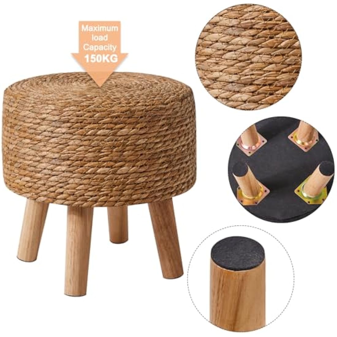 YMYNY Footstool Natural Seagrass Hand Weave, Pastoral Style Footrest, Padded Foot Rest with Non-Skid Pine Legs, Wooden Sofa Stools, for Living Room, Bedroom, 32×32×32CM, Natural Color HBD027N