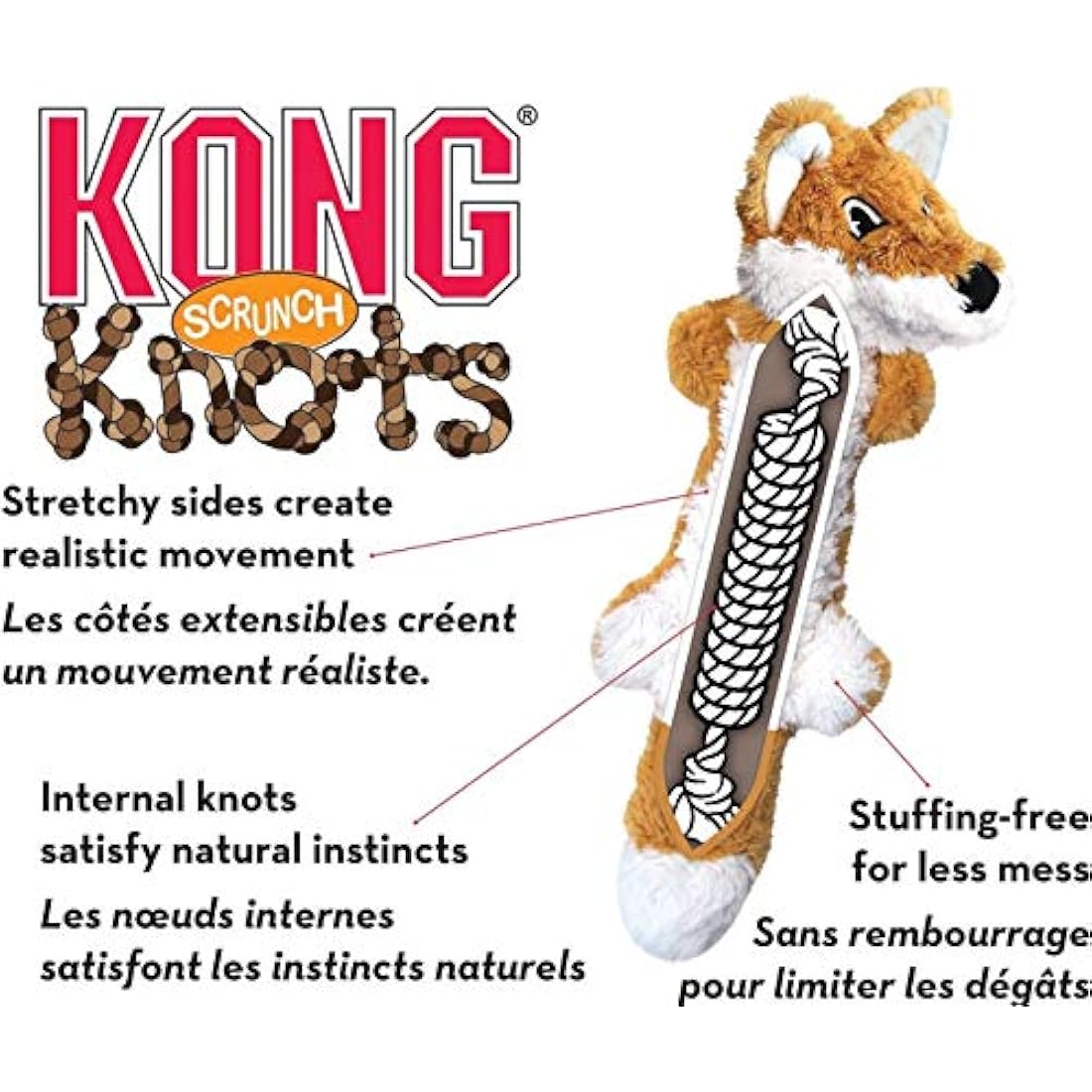 KONG - Scrunch Knots Fox - Internal Knotted Ropes and Minimal Stuffing for Less Mess - For Small/Medium Dogs